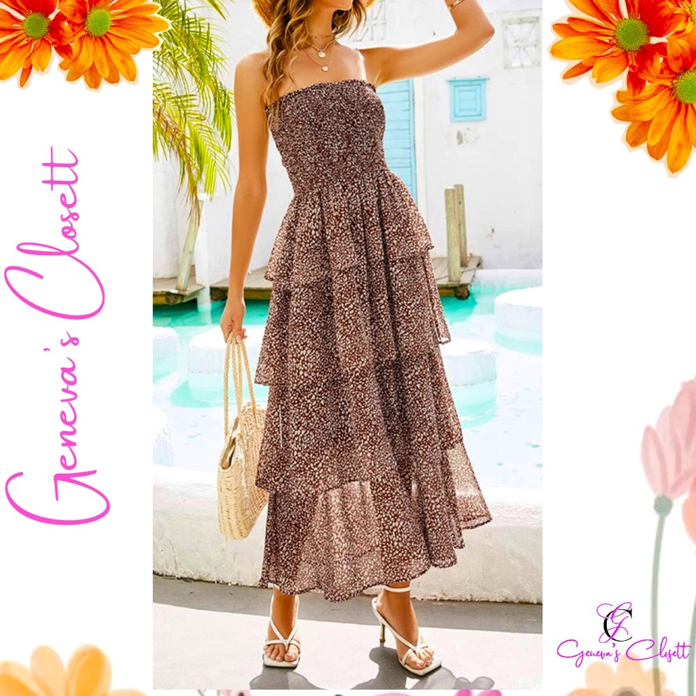 Leopard Strapless Ruffled Maxi Dress